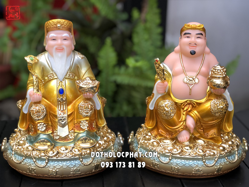 Tượng Thần Tài Thổ Địa gấm vàng đế chậu vàng
