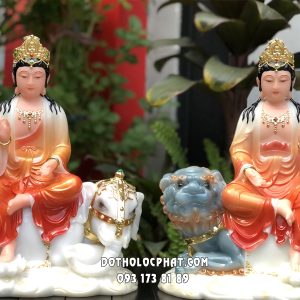 Tượng Văn Thù Phổ Hiền Bồ Tát bột đá áo đỏ cam