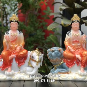 Tượng Văn Thù Phổ Hiền Bồ Tát bột đá áo đỏ cam
