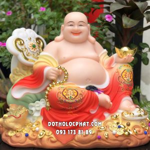 Tượng Phật Di Lặc như ý gấm đỏ đế mây vàng