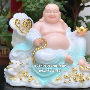 Tượng Phật Di Lặc như ý ngự mây bột đá áo xanh