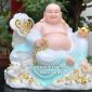 Tượng Phật Di Lặc như ý ngự mây bột đá áo xanh