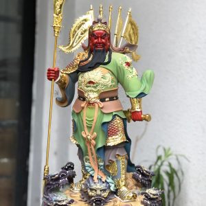 Tượng Quan Công chống đao cưỡi rồng vẽ gấm xanh bằng composite