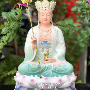 Tượng Địa Tạng Vương Bồ Tát áo xanh vẽ hoa đế sen bằng poly