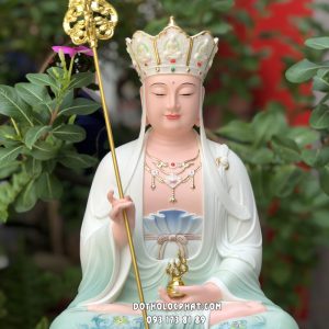 Tượng Địa Tạng Vương Bồ Tát áo xanh vẽ hoa đế sen bằng poly