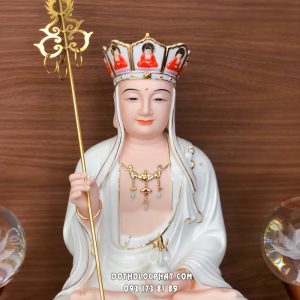 Tượng Địa Tạng Vương Bồ Tát bằng sứ trắng đế sen hồng