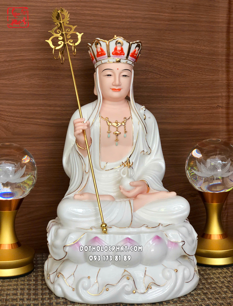 Tượng Địa Tạng Vương Bồ Tát bằng sứ trắng đế sen hồng