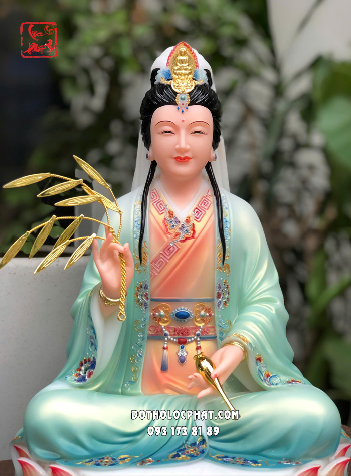 Tượng Quan Âm Bồ Tát áo xanh vẽ gấm ngồi đài sen đẹp