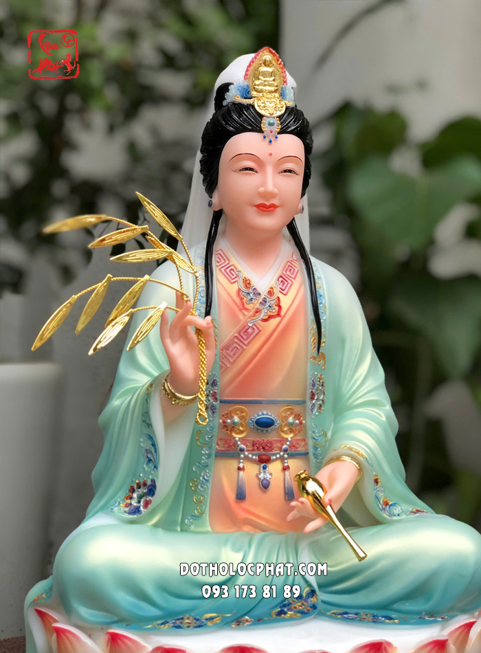 Tượng Quan Âm Bồ Tát áo xanh vẽ gấm ngồi đài sen đẹp