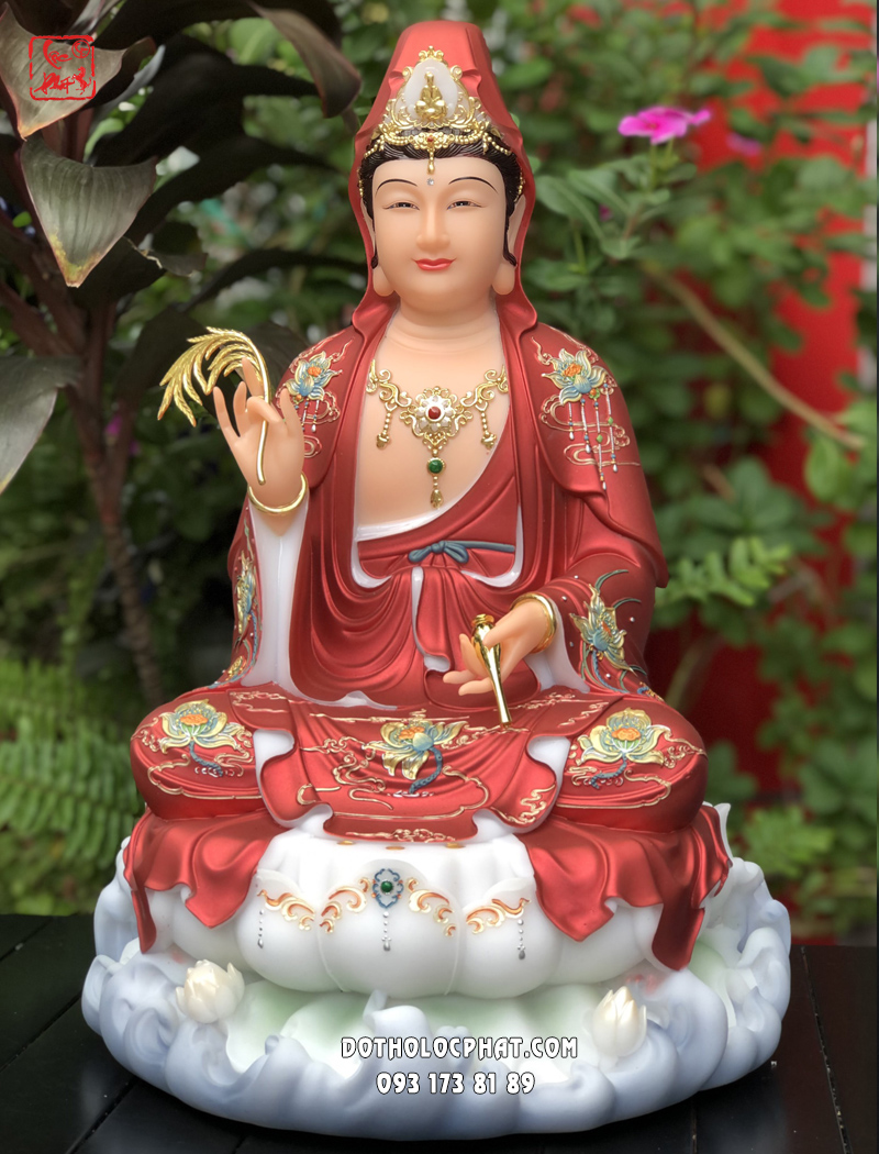 Tượng Quan Âm Bồ Tát hoa sen gấm đỏ đế non nước