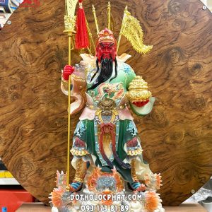 Tượng Quan Công áo gấm hũ vàng chống đao cưỡi rồng