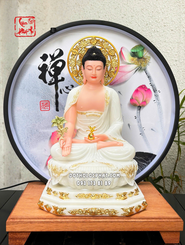 Tượng Phật Dược Sư áo trắng hào quang tròn đế 8 cạnh