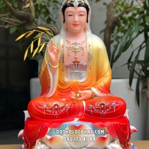 Tượng Quan Âm Bồ Tát áo gấm đỏ đế sen sóng nước