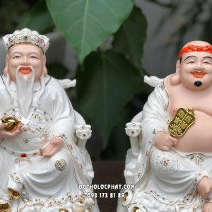 Tượng Thần Tài Thổ Địa bằng sứ trắng viền vàng thỏi vàng