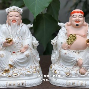 Tượng Thần Tài Thổ Địa bằng sứ trắng viền vàng thỏi vàng