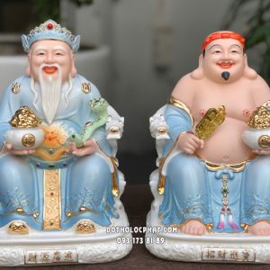 Tượng Thần Tài Thổ Địa bằng sứ áo xanh hũ vàng