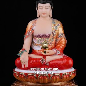 Tượng Phật Dược Sư áo đỏ viền hoa ngồi đài sen đế 8 cạnh