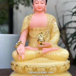 Tượng Phật Dược Sư thạch anh viền vàng nạm ngọc đế 8 cạnh