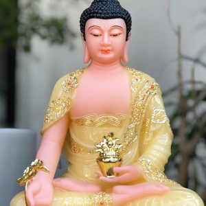 Tượng Phật Dược Sư thạch anh viền vàng nạm ngọc đế 8 cạnh