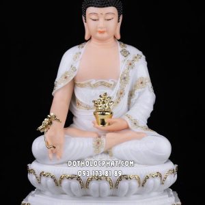 Tượng Phật Dược Sư trắng viền vàng ngồi đài sen đế 8 cạnh