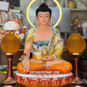 Tượng Phật Dược Sư áo vàng viền hoa ngồi đài sen đế 8 cạnh