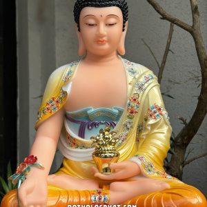 Tượng Phật Dược Sư áo vàng viền hoa ngồi đài sen đế 8 cạnh
