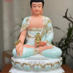 Tượng Phật Dược Sư xanh ngọc viền hoa ngồi đài sen đế 8 cạnh
