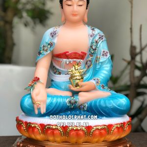 Tượng Phật Dược Sư áo xanh viền hoa đế tám cạnh đẹp