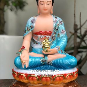 Tượng Phật Dược Sư áo xanh viền hoa đế tám cạnh đẹp