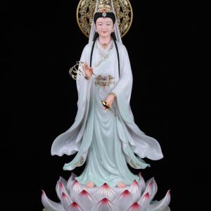 Tượng Quan Âm Bồ Tát đứng hoa sen áo xanh có hào quang