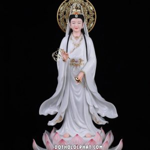 Tượng Quan Âm Bồ Tát Liên Hoa đứng áo trắng có hào quang tròn