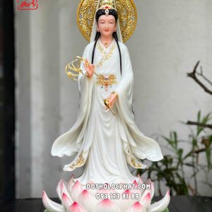 Tượng Quan Âm Bồ Tát Liên Hoa đứng áo trắng có hào quang tròn