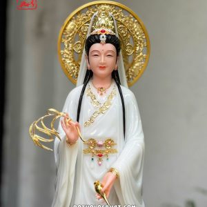 Tượng Quan Âm Bồ Tát Liên Hoa đứng áo trắng có hào quang tròn