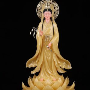 Tượng Quan Âm Bồ Tát liên hoa đứng bằng thạch anh có hào quang