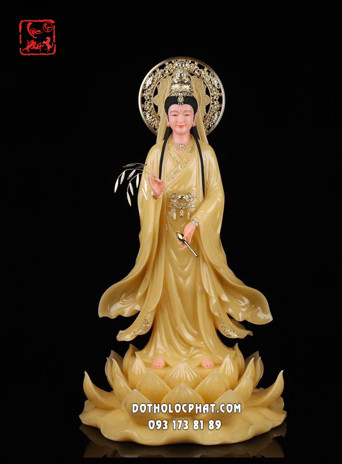 Tượng Quan Âm Bồ Tát liên hoa đứng bằng thạch anh có hào quang