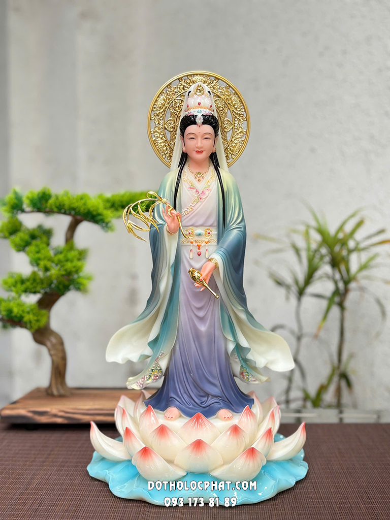 Tượng Quan Âm Liên Hoa Đứng Áo Lam Hào Quang QABT-141