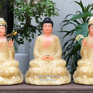 Tượng Tây Phương Tam Thánh thạch anh họa tiết sen vàng áo rũ
