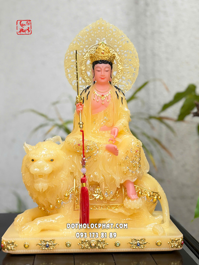 Tượng Văn Thù Phổ Hiền Bồ Tát thạch anh viền vàng nạm ngọc hào quang lá đề