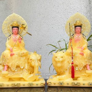 Tượng Văn Thù Phổ Hiền Bồ Tát thạch anh viền vàng nạm ngọc hào quang lá đề