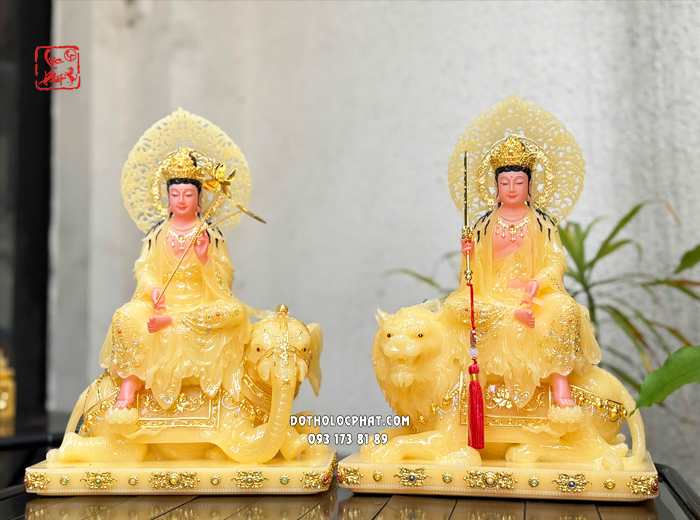 Tượng Văn Thù Phổ Hiền Bồ Tát thạch anh viền vàng nạm ngọc hào quang lá đề