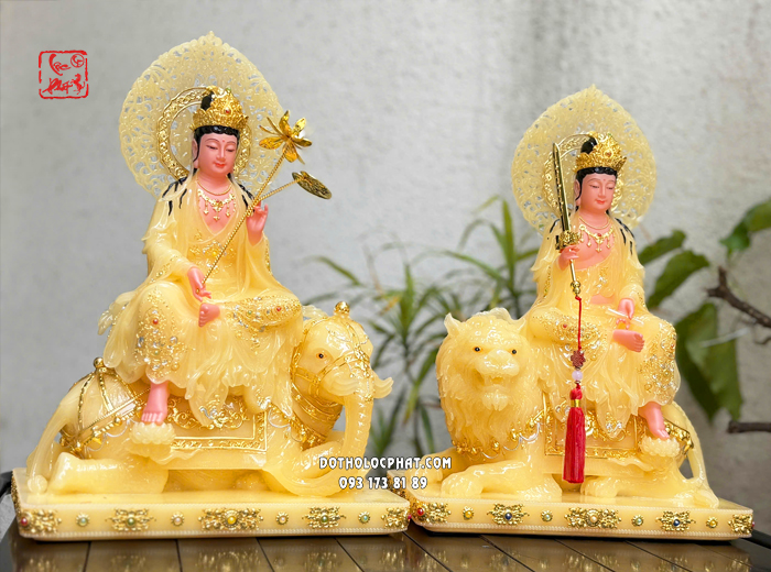 Tượng Văn Thù Phổ Hiền Bồ Tát thạch anh viền vàng nạm ngọc hào quang lá đề