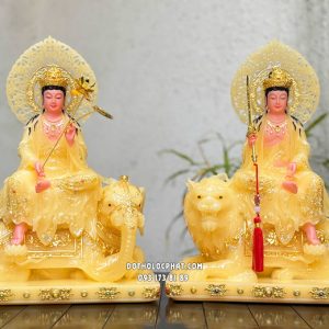 Tượng Văn Thù Phổ Hiền Bồ Tát thạch anh viền vàng nạm ngọc hào quang lá đề