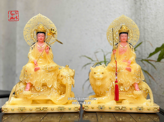 Tượng Văn Thù Phổ Hiền Bồ Tát thạch anh viền vàng nạm ngọc hào quang lá đề