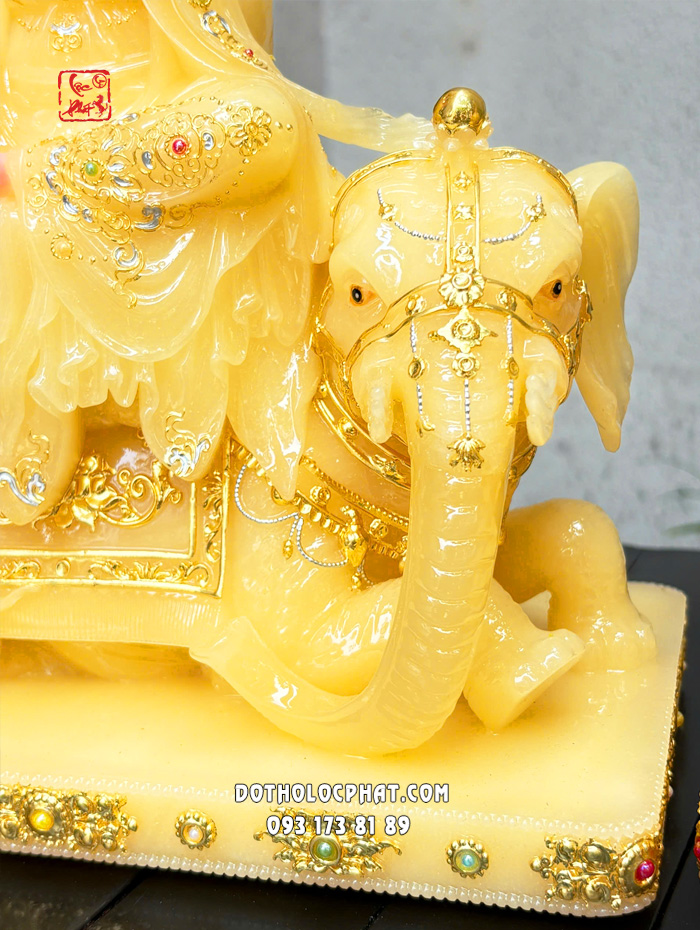 Tượng Văn Thù Phổ Hiền Bồ Tát thạch anh viền vàng nạm ngọc hào quang lá đề