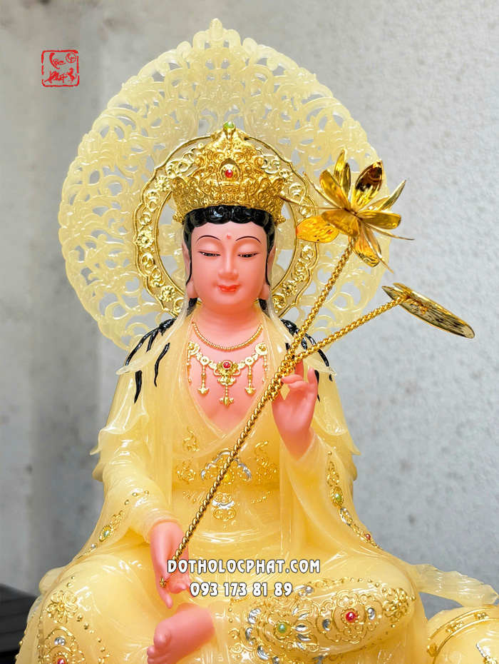 Tượng Văn Thù Phổ Hiền Bồ Tát thạch anh viền vàng nạm ngọc hào quang lá đề