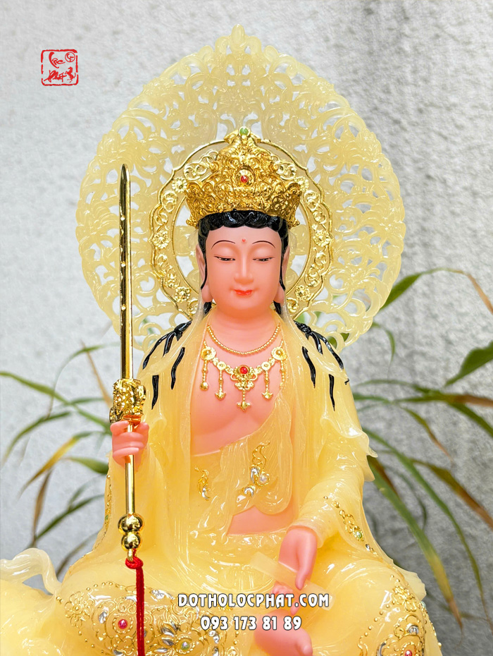 Tượng Văn Thù Phổ Hiền Bồ Tát thạch anh viền vàng nạm ngọc hào quang lá đề