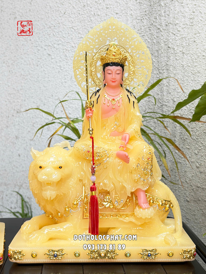 Tượng Văn Thù Phổ Hiền Bồ Tát thạch anh viền vàng nạm ngọc hào quang lá đề