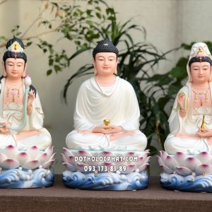 Tượng Tây Phương Tam Thánh sứ trắng đế sen sóng nước