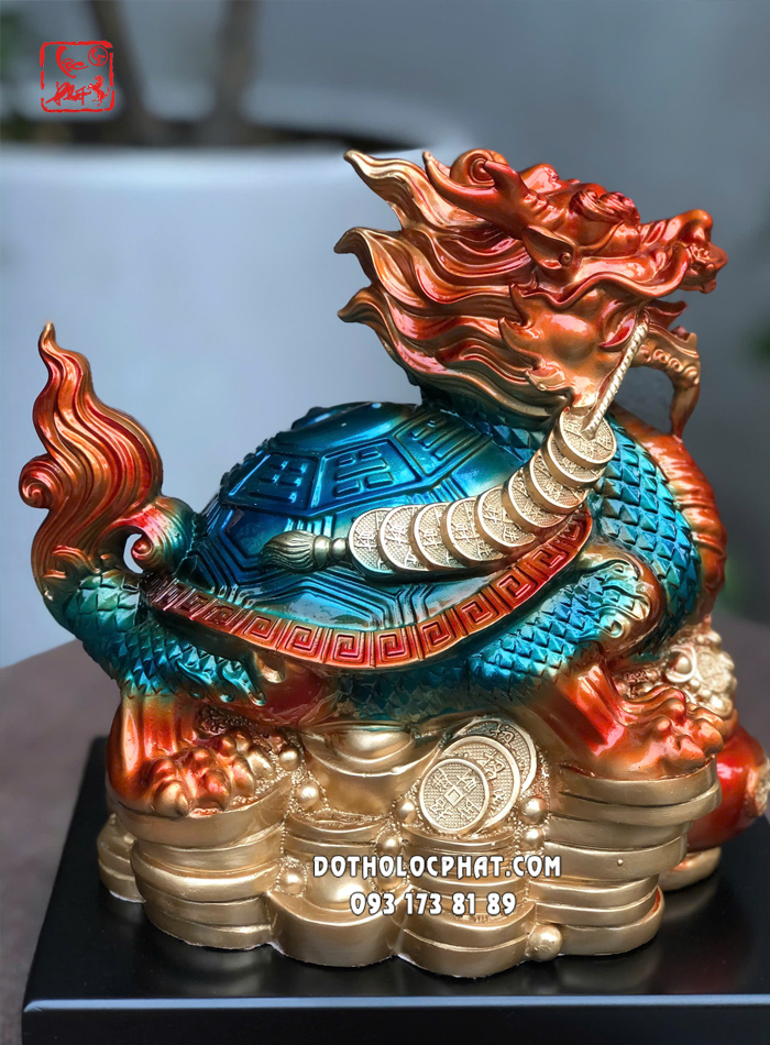 Tượng Long Quy phong thủy lam ngọc vàng cam đứng núi vàng