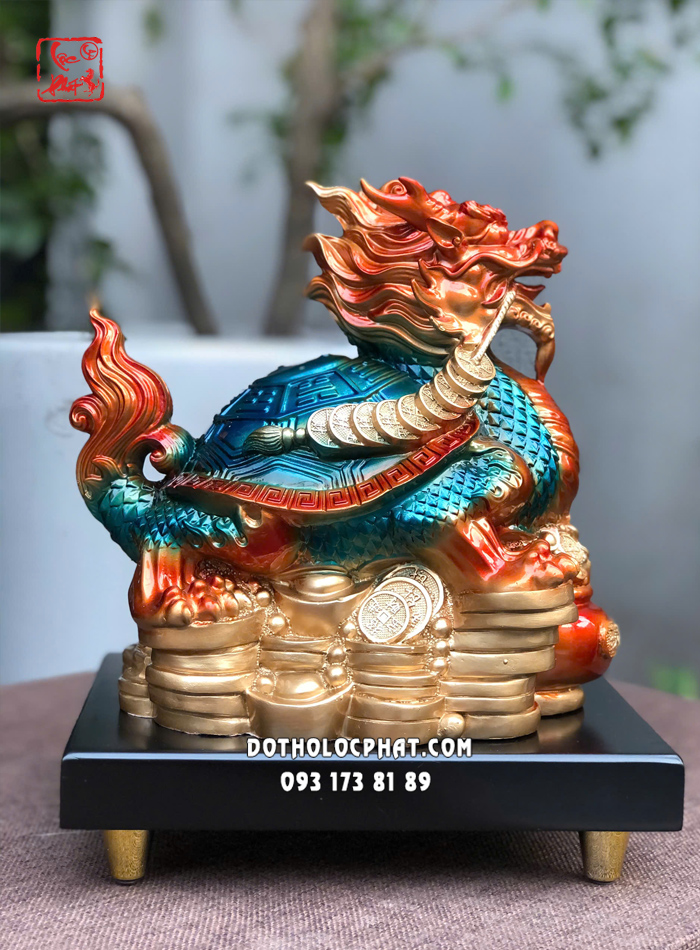 Tượng Long Quy phong thủy lam ngọc vàng cam đứng núi vàng